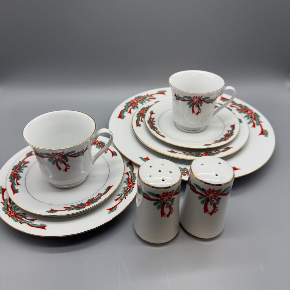 Vintage Poinsettia & Ribbons Plates Cup Saucer Salt Pepper Shakers Holiday READ